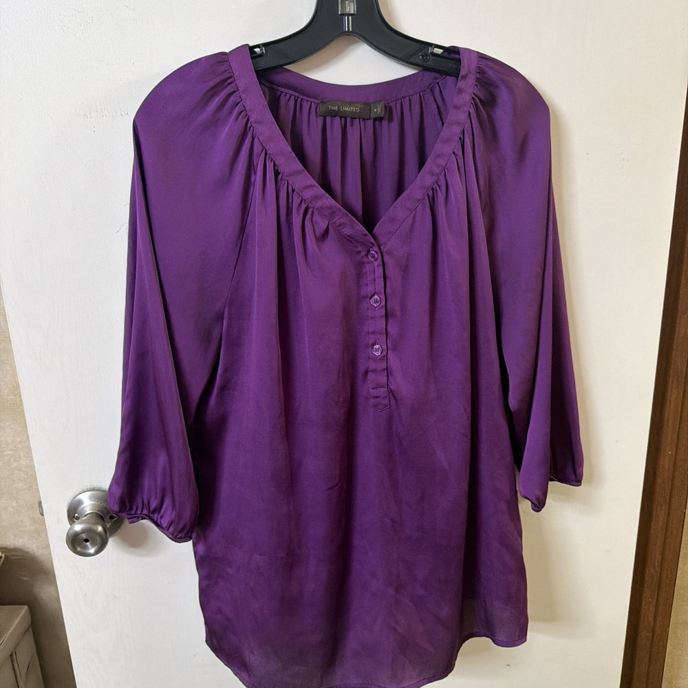 The Limited Women's Purple V-Neck Half Scrunched Sleeve Button Closure Blouse M